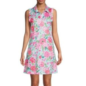 X by Gottex Pink Blue Floral Ruffle Sleeve Golf Athletic Dress Large